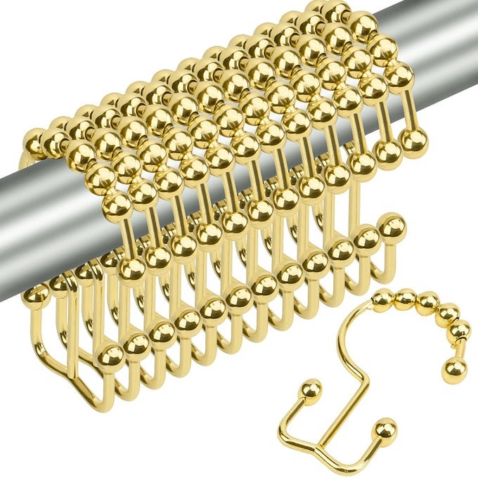SHOWER CURTAIN HOOKSSTURDY STAINLESS STEEL DOUBLE SIDED SHOWER HOOKS RINGS FOR BATHROOM SHOWER CURTAIN RODS CURTAINS SET OF 12 HOOKS GOLD