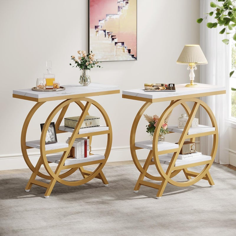 Tribesigns 3 Tiers Narrow Side Table with Storage, Wooden Sofa Side Table with Geometric Metal Frame, Industrial Nightstand and Bedside Table (2, White Gold) - Image 1