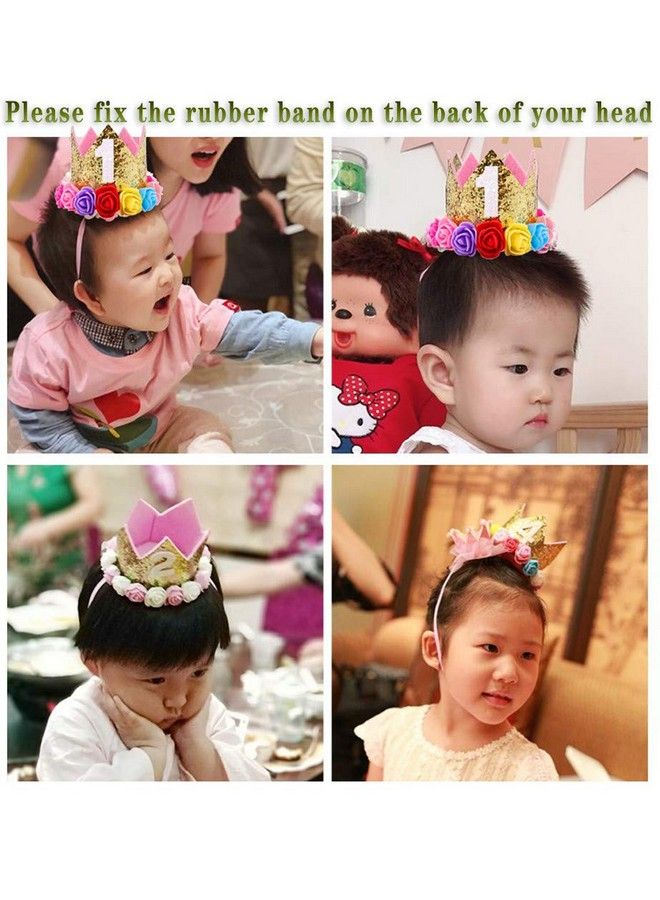 ipalmay Baby Princess Glitter Pink Crown 2St Birthday Party Hat Gold With Mix Rainbow Color Flowers - Image 4
