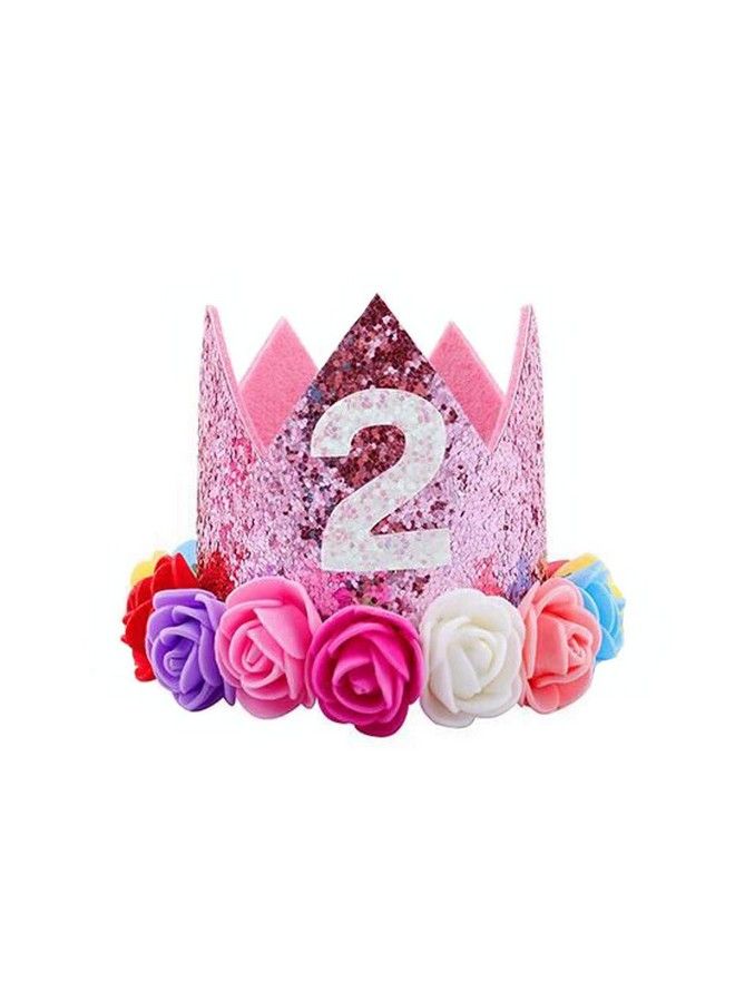 ipalmay Baby Princess Glitter Pink Crown 2St Birthday Party Hat Gold With Mix Rainbow Color Flowers - Image 1