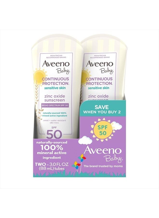 Aveeno - Baby Continuous Protection Zinc Oxide Mineral Sunscreen Lotion for Sensitive Skin, Broad Spectrum SPF 50, Paraben- & Tear-Free, Sweat- & Water-Resistant, Travel-Size, 2 x 3 fl. oz - Image 1