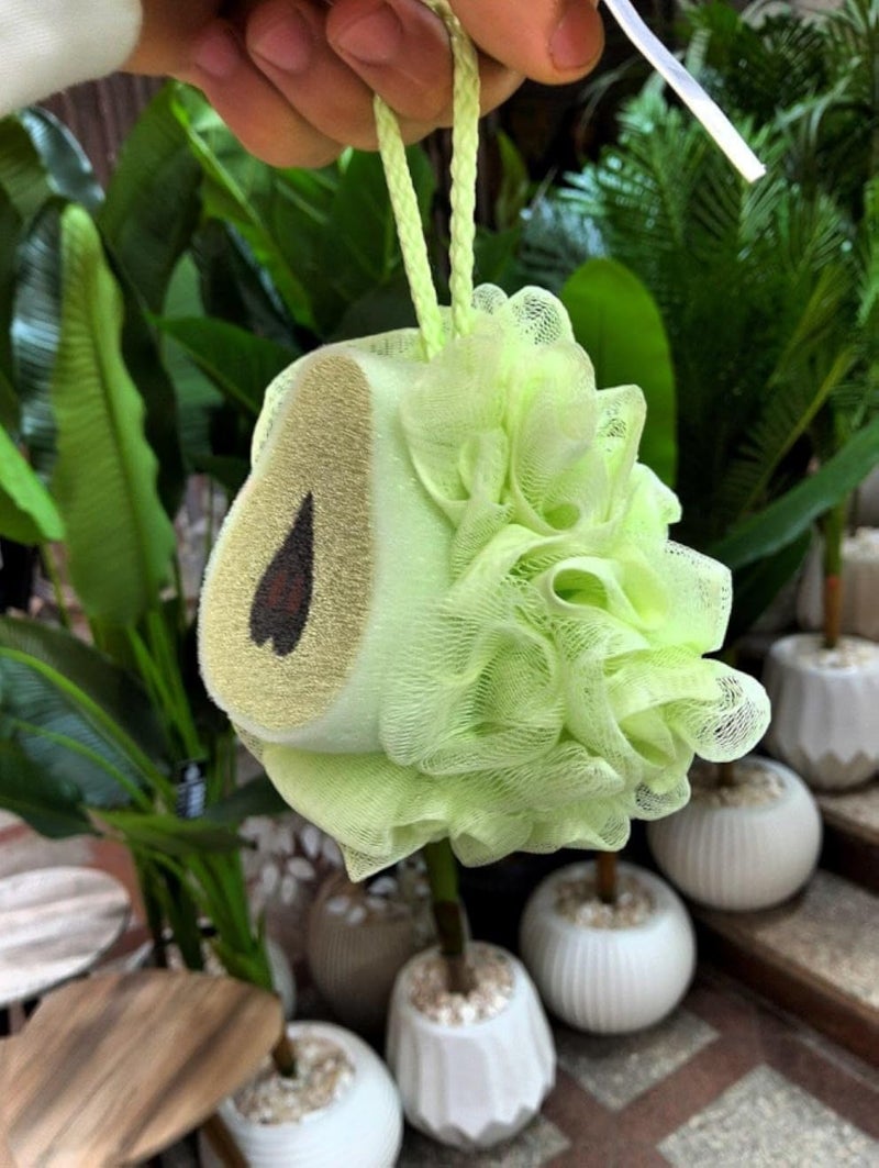 Generic Avocado Shaped Bath Loofah, Soft Mesh Shower Sponge in Light Green, Decorative Fruit Design with Hanging Rope for Body Washing and Exfoliation.