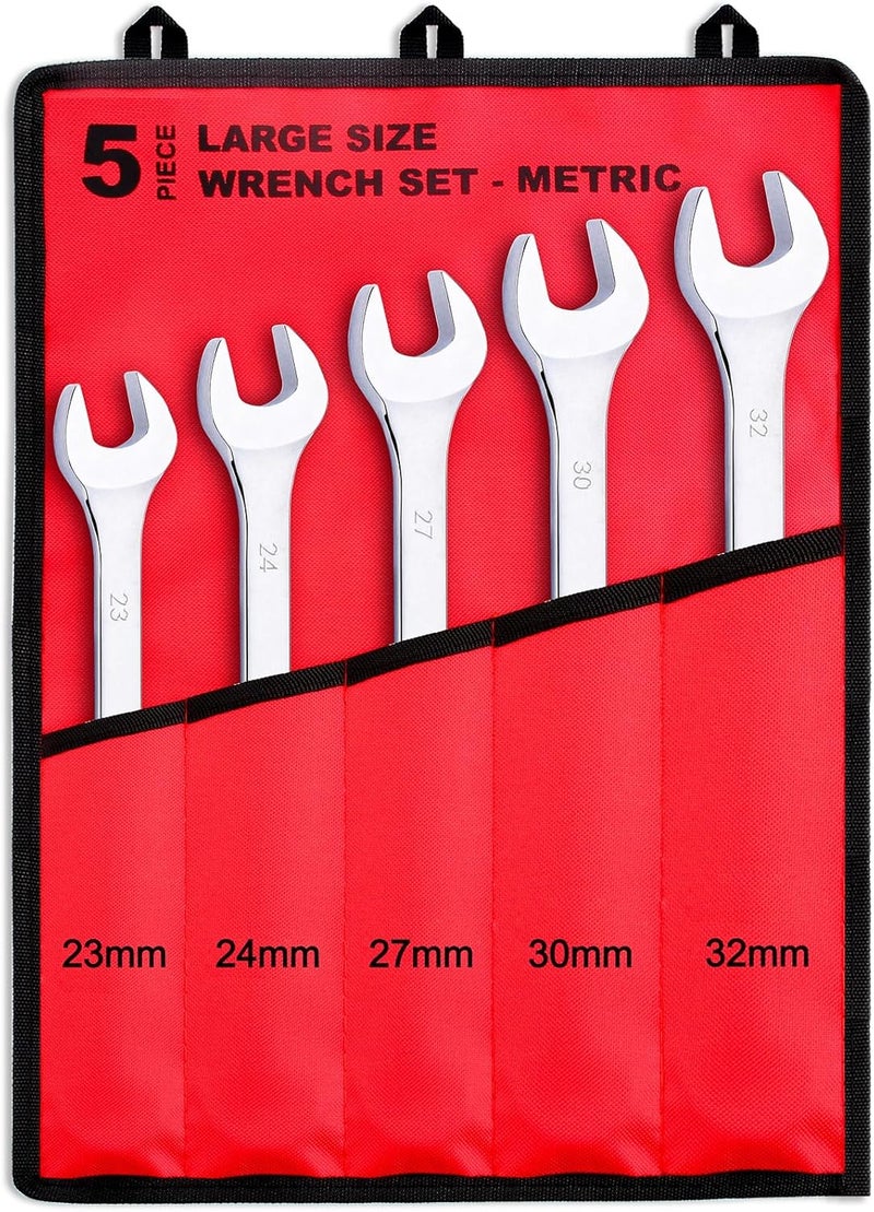 5-Piece Metric Large Size Add-on Combination Wrench Set, 23mm, 24mm, 27mm, 30mm, 32mm | Chrome Vanadium Steel, Long Pattern, 12-Point | Great for Auto, Truck, Tractor and Machinery Repairs