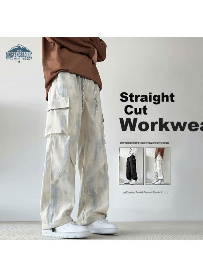 Dingfengbaoluo American Style Tie-dye Work Pants Men Spring Trendy Casual Straight-leg Trousers Xrr02 Apricot 2XL - Image 1