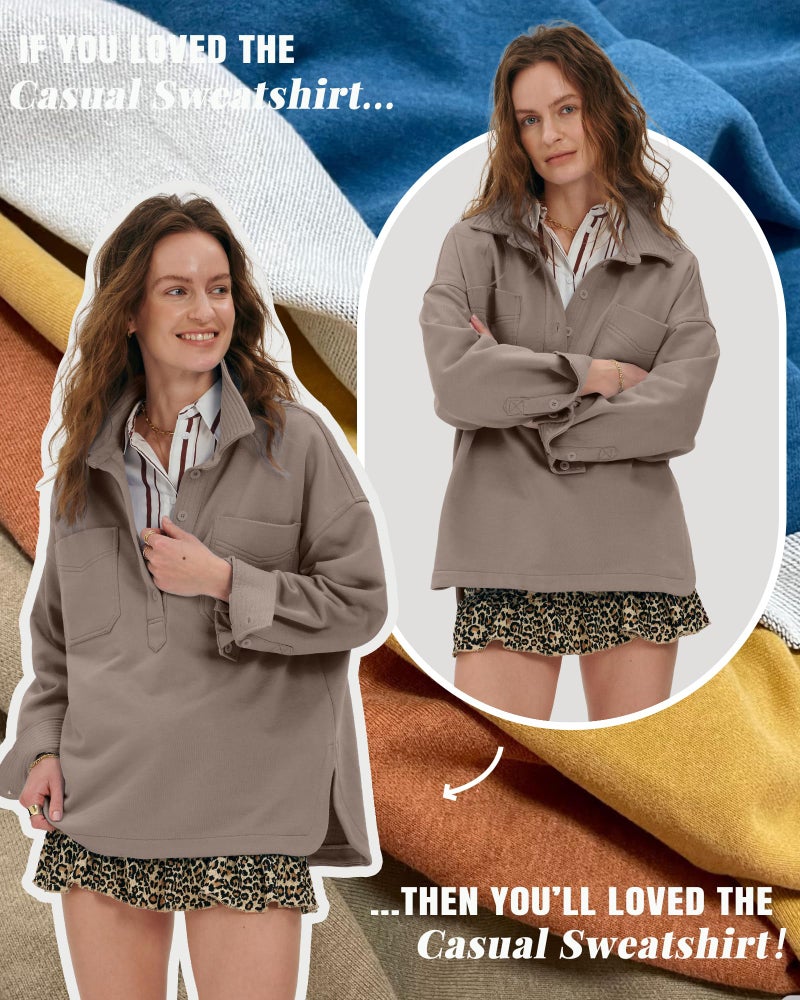Locachy Women's Casual Oversized Polo Neck Sweatshirt Lapel Long Sleeve Button Pullover Tops Fashion Outfits Clothes Coffee Grey S - Image 5