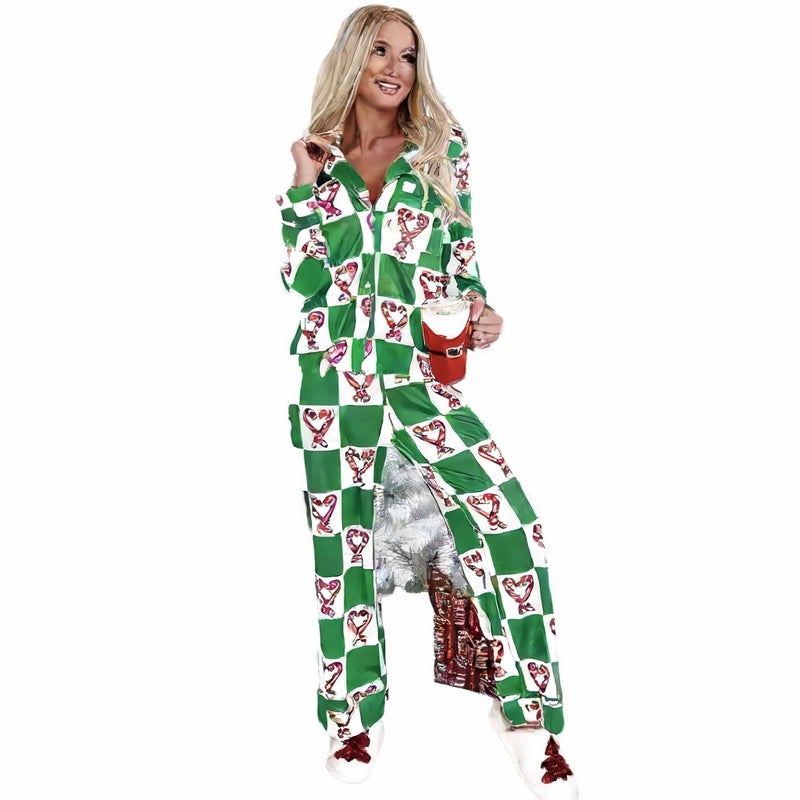Christmas Cane Print Long Sleeve Pajama Set for Women with Lapel Collar - Image 5