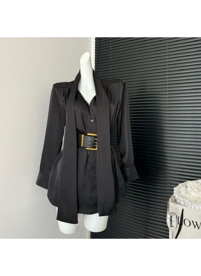 Generic Elegant French Style Womens Satin Surface Halter Neck V-Neck Ribbon Waist-Fitted Shirt Dress Scarf Collar Design Black  - Image 1
