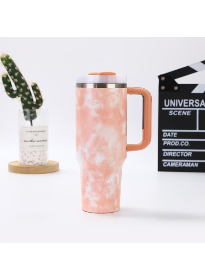 304 Stainless Steel Thermos Cup One Cup Dual-use Double-layer Suction Tube Cup Portable Outdoor Portable Car Cup-color:Tie Dye Powder-capacity:40OZ  - Image 1