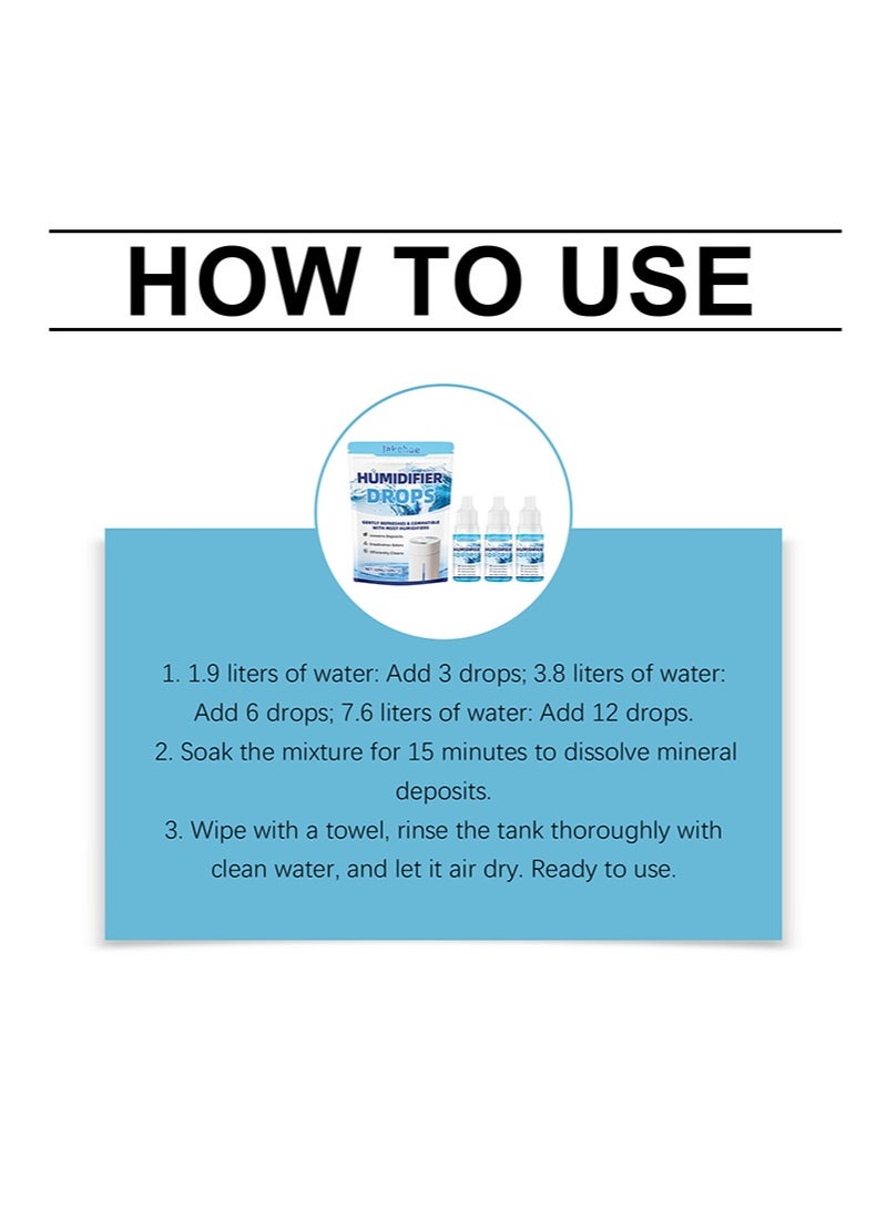 Jakehoe 3 عبوات من قطرات تنظيف المرطب مناسبة لجميع ماركات وطرازات أجهزة الترطيب تقلل من الترسبات الكلسية والتراكمات تنظف وتزيل الروائح الكريهة (10 مل + 10 مل + 10 مل) - Image 3