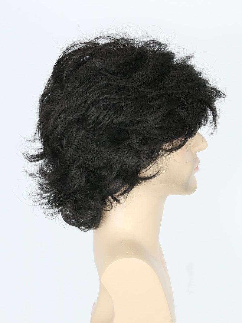 LeMarnia Men's Wigs 70s Wigs for Men Black Short Wavy Fluffy Wig Halloween Costume Wig - Image 4