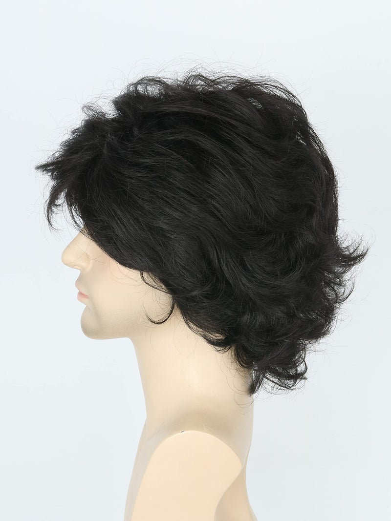 LeMarnia Men's Wigs 70s Wigs for Men Black Short Wavy Fluffy Wig Halloween Costume Wig - Image 3