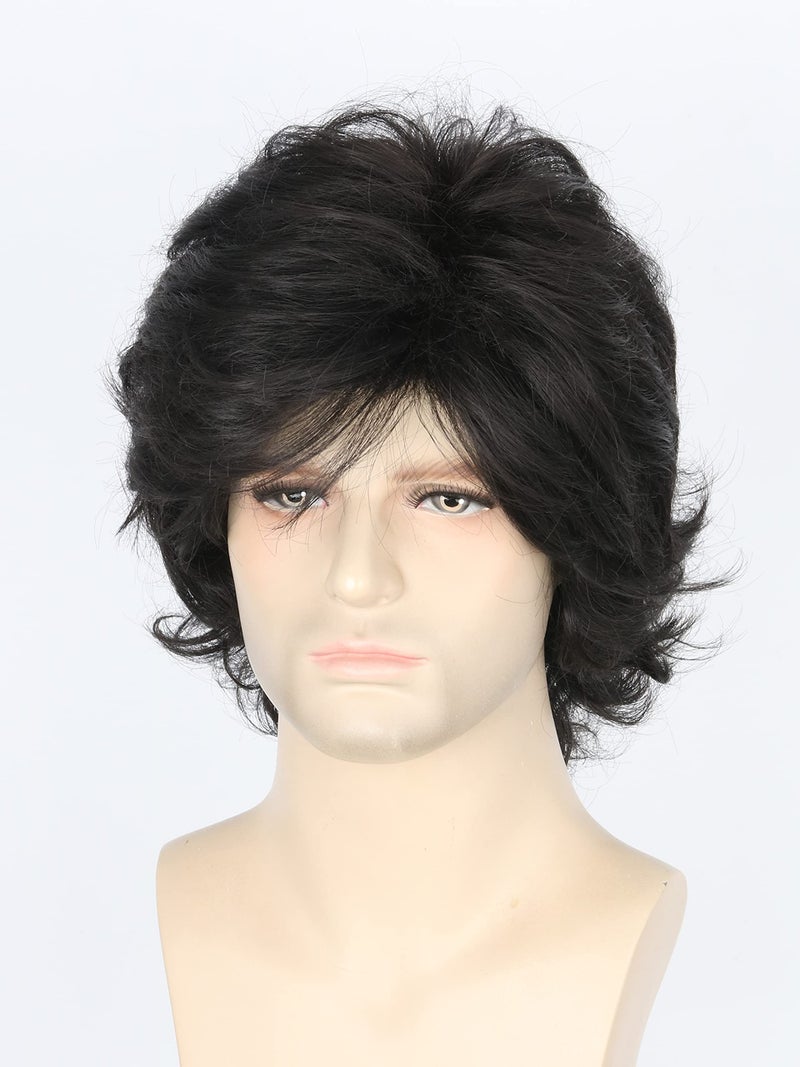 LeMarnia Men's Wigs 70s Wigs for Men Black Short Wavy Fluffy Wig Halloween Costume Wig - Image 2