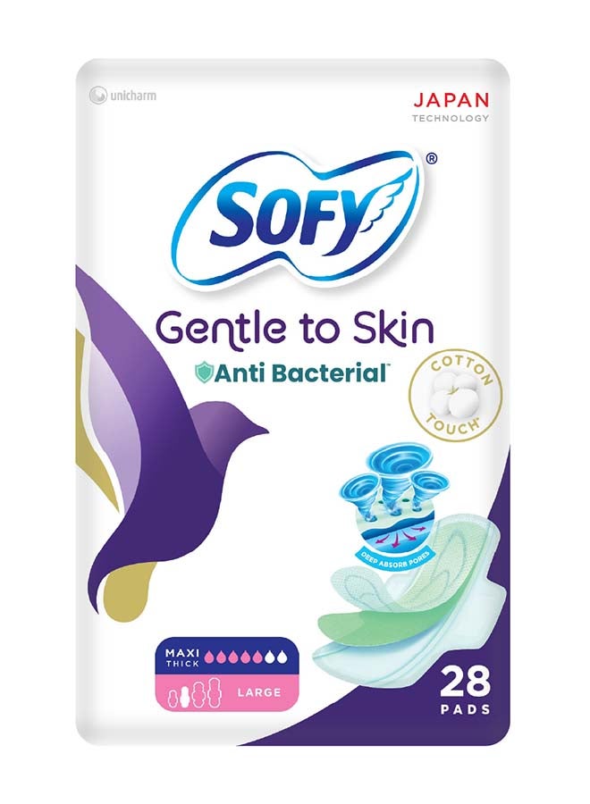 SOFY Gentle to Skin Anti-Bacterial Pads with Wings, Slim, Large 29 cm, Pack of 28 Pads