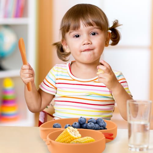 Qshare Powerful Suction Plates for Baby and Toddler,Baby Divided Plate,Thanksgiving Plates with Fork and Spoon,Duck Baby Plate Non-Slip,BPA Free,Microwave & Dishwasher Safe (Orange) - Image 4