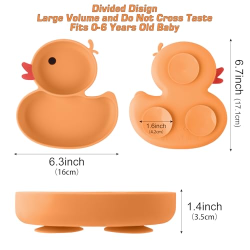 Qshare Powerful Suction Plates for Baby and Toddler,Baby Divided Plate,Thanksgiving Plates with Fork and Spoon,Duck Baby Plate Non-Slip,BPA Free,Microwave & Dishwasher Safe (Orange) - Image 2