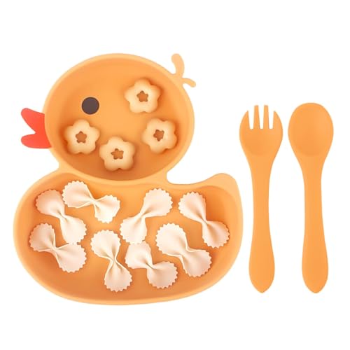 Qshare Powerful Suction Plates for Baby and Toddler,Baby Divided Plate,Thanksgiving Plates with Fork and Spoon,Duck Baby Plate Non-Slip,BPA Free,Microwave & Dishwasher Safe (Orange) - Image 1