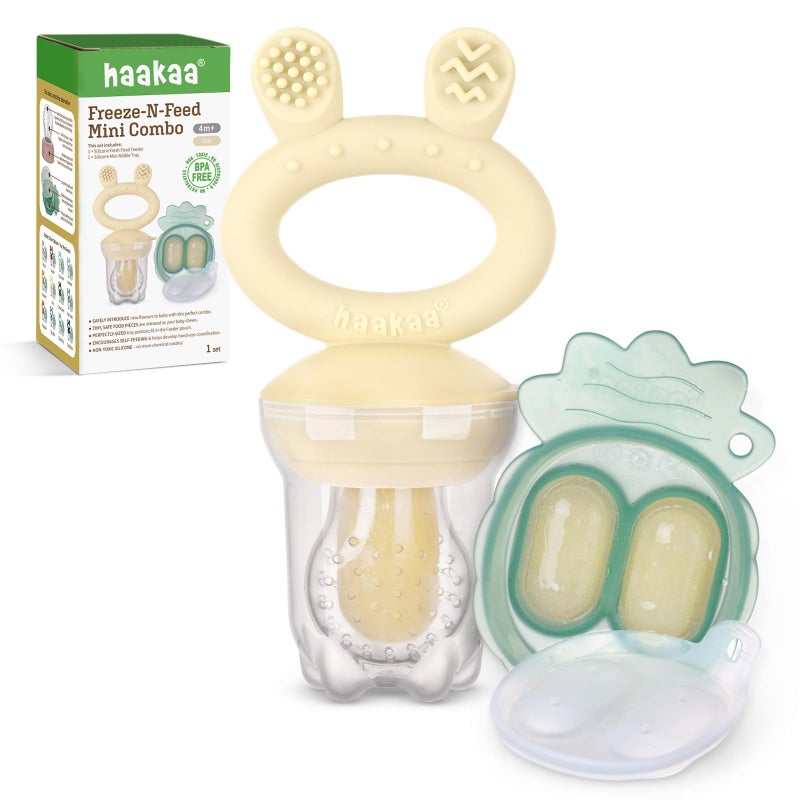 Haakaa Baby Fruit Food Feeder & Mini Freezer Nibble Tray Combo, Breastmilk Popsicle Molds for Baby Cooling Relief, BPA Free Silicone Feeder for Safe Infant Self Feeding, 4 Month+ (Oat) - Image 1
