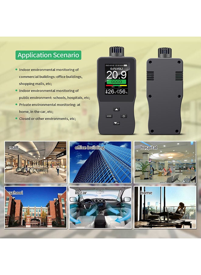 Handheld Digital Oxygen Detector Air Oxygen Concentration Alarm Value USB Rechargeable Portable O₂ Content Tester 2.8-inch TFT Full Color LCD Screen Oxygen Meter