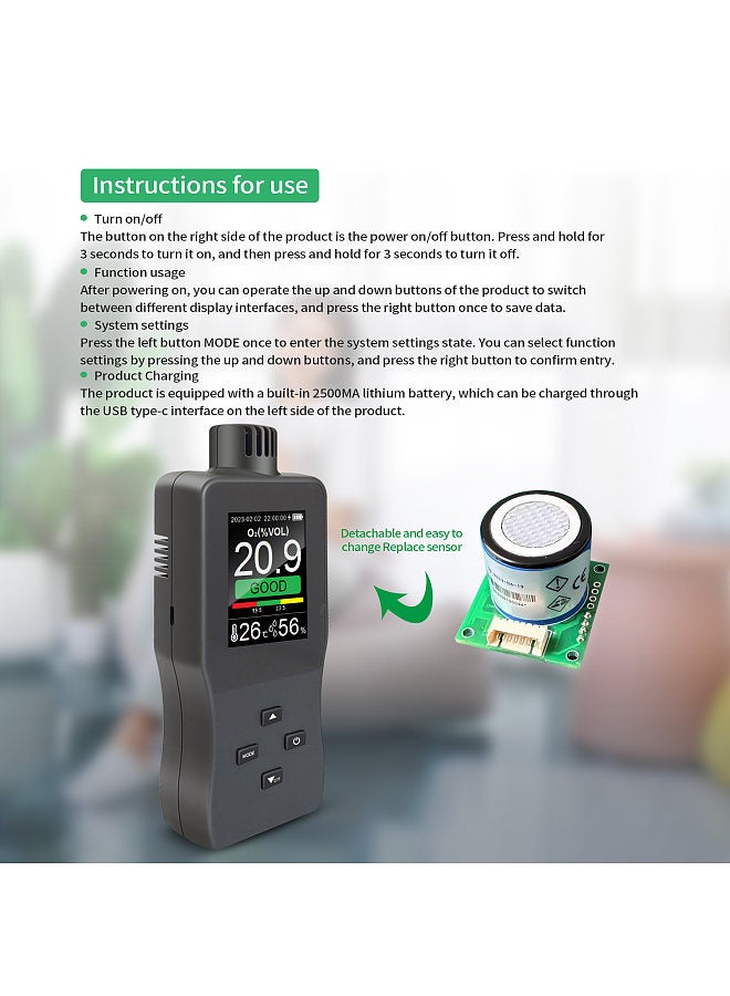 Handheld Digital Oxygen Detector Air Oxygen Concentration Alarm Value USB Rechargeable Portable O₂ Content Tester 2.8-inch TFT Full Color LCD Screen Oxygen Meter