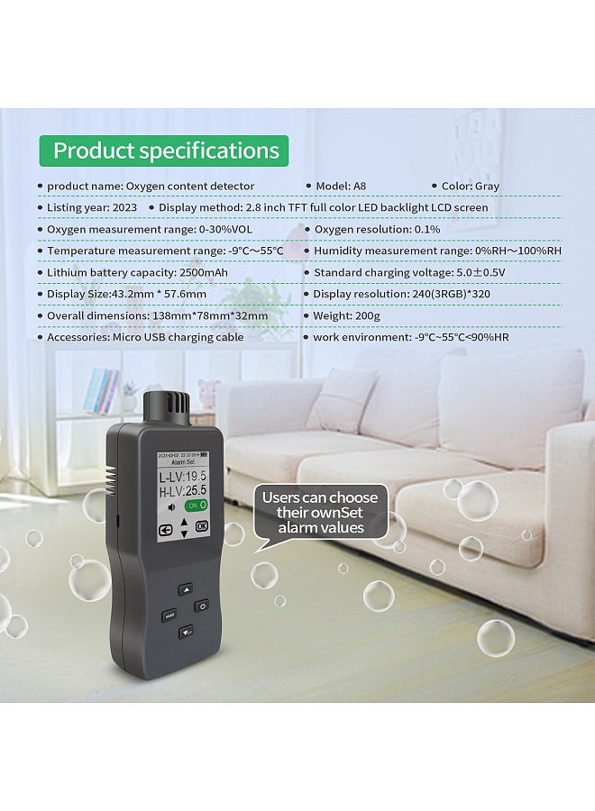 Handheld Digital Oxygen Detector Air Oxygen Concentration Alarm Value USB Rechargeable Portable O₂ Content Tester 2.8-inch TFT Full Color LCD Screen Oxygen Meter