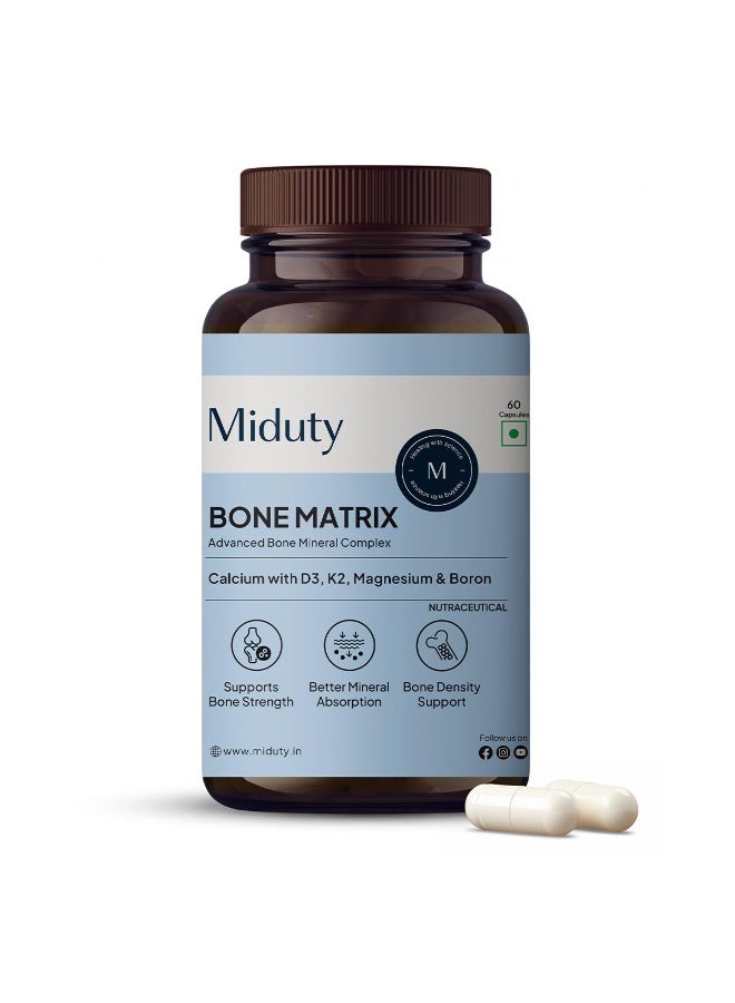 Miduty Bone Matrix – Advanced Calcium Citrate with Vitamin D3 & K2 – Chelated Magnesium, Zinc & Boron – 11-Nutrient Complete Bone Support Formula for Men & Women – 60 Capsules - Image 1