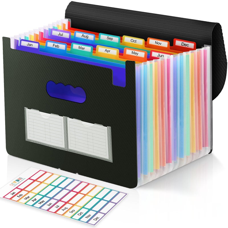 SKYDUE Accordion File Organizer, 12 Pockets File Folders, Letter Size Expanding File Folder with Colored Tabs and Expandable Cover, Portable Bill Receipt Organizer Black - Image 1