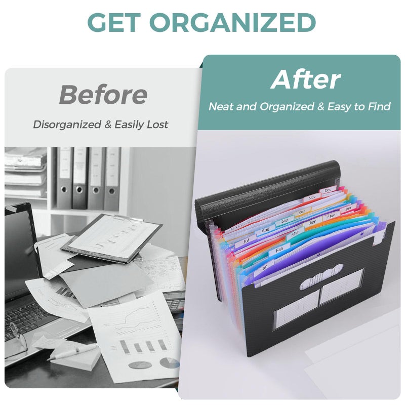 SKYDUE Accordion File Organizer, 12 Pockets File Folders, Letter Size Expanding File Folder with Colored Tabs and Expandable Cover, Portable Bill Receipt Organizer Black - Image 4