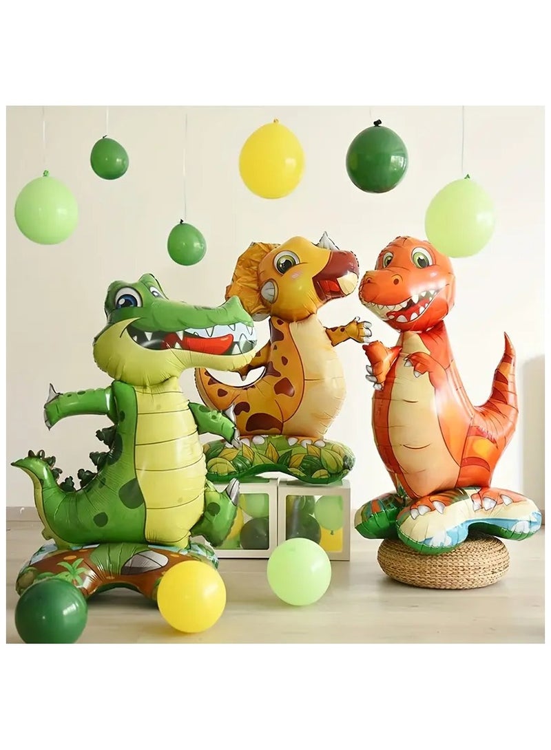 3 Pcs Standing Triceratops, Tyrannosaurus Rex Shaped Aluminum Film Balloon, Jurassic Dinosaur Theme Birthday Party, Baby Shower Creative Decoration Supplies - Image 1