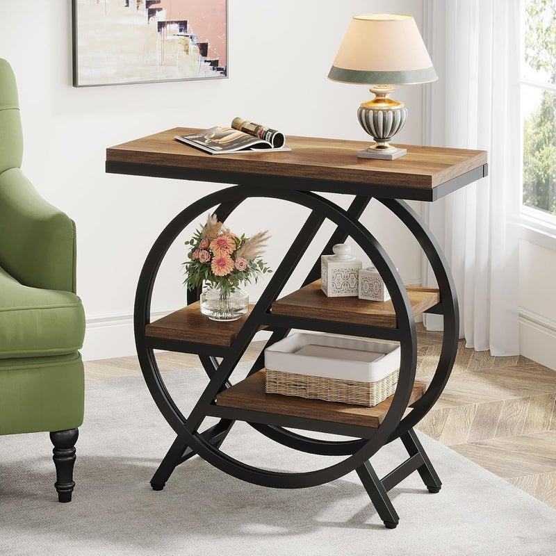 Tribesigns End Table for Living Room, 3-Tier Narrow Side Table with Storage, Wood Sofa Side Table with Geometric Metal Frame, Industrial Nightstand and Bedside Table for Bedroom, Light Brown - Image 1