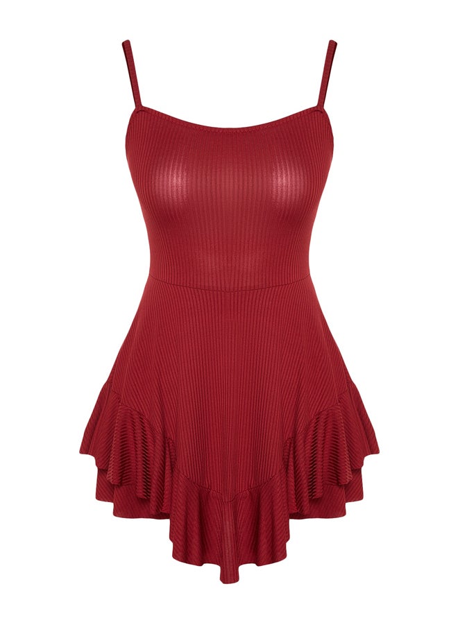 trendyol - Red Hollow Out Flare Mini Knitted Overalls with Shorts TWOSS23TU00044 - Image 1