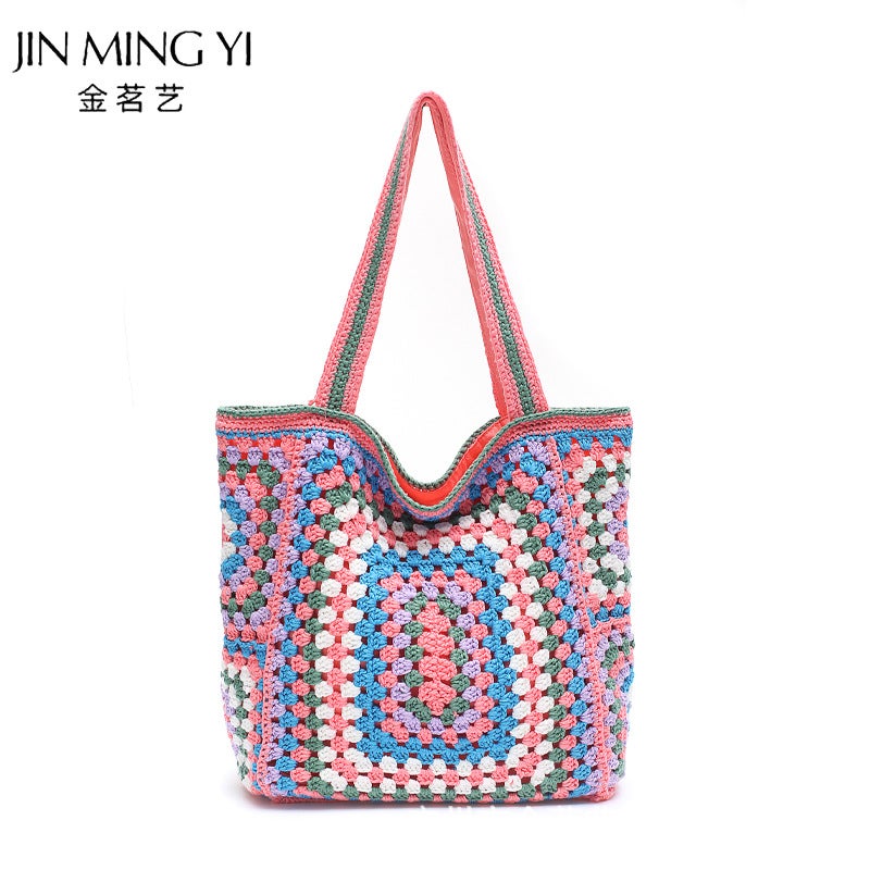 Large-Capacity Knitted Tote Bag, Shoulder Bag, Underarm Bag For Women, Fresh And Simple Granny Checkered Artistic Chinese Style Tote Bag - Image 5