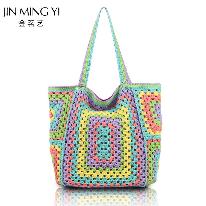 Large-Capacity Knitted Tote Bag, Shoulder Bag, Underarm Bag For Women, Fresh And Simple Granny Checkered Artistic Chinese Style Tote Bag - Image 2