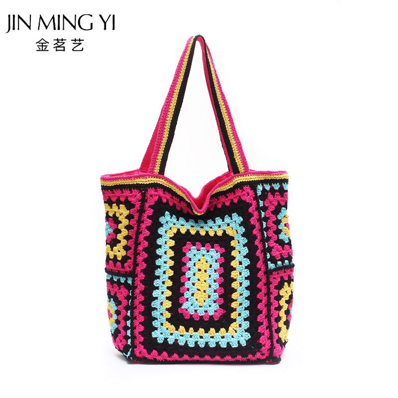 Large-Capacity Knitted Tote Bag, Shoulder Bag, Underarm Bag For Women, Fresh And Simple Granny Checkered Artistic Chinese Style Tote Bag - Image 4