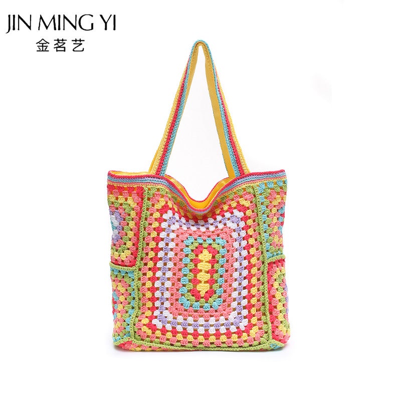 Large-Capacity Knitted Tote Bag, Shoulder Bag, Underarm Bag For Women, Fresh And Simple Granny Checkered Artistic Chinese Style Tote Bag - Image 1