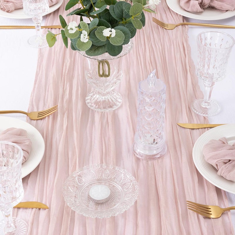 DeZerlor 6 Pack Christmas Table Runner Dusty Pink Cheesecloth Table Runner Boho Gauze Table Runner 120 inches Long Winter Table Decor for Wedding Baby Shower Xmas Sweet 16 Party Decorations - Image 3