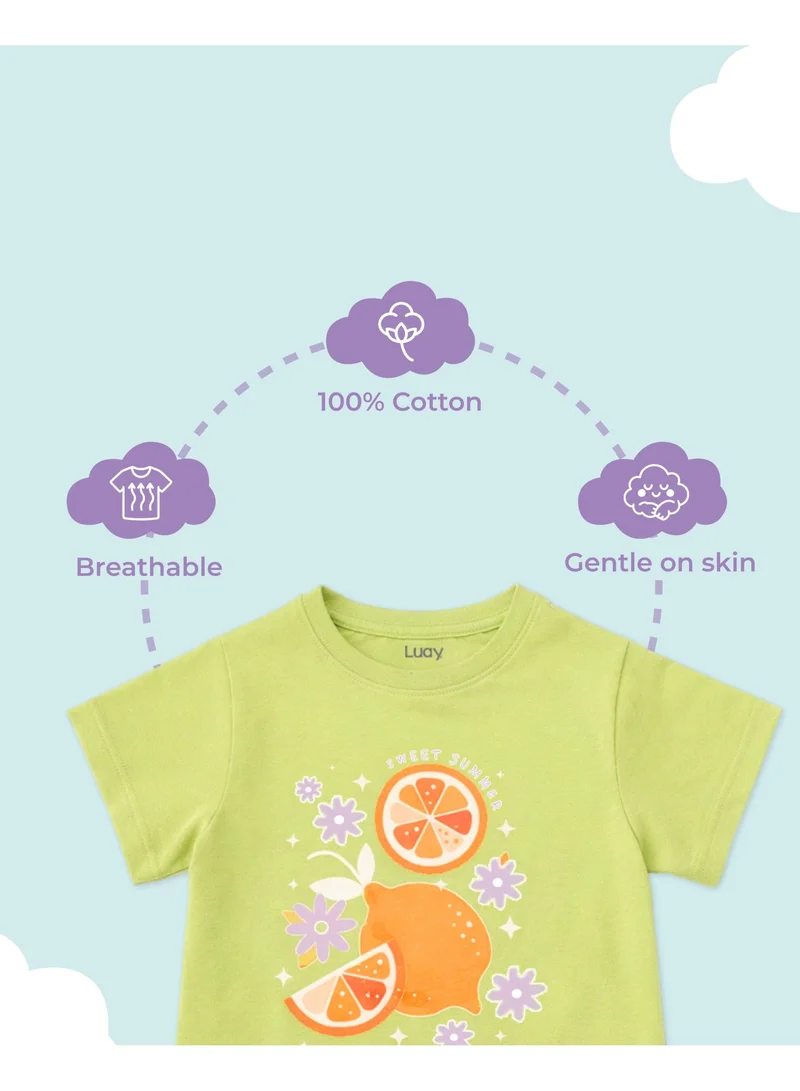 Luay Green LUAY Girls Summer Clothing Set – Soft Cotton Printed T-Shirt & Shorts Co-Ord Set for Kids & Toddler Girls Casual Outfit for Women | Best Price UAE