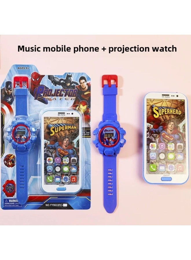 Ultraman Cartoon Music Mobile Phone Spiderman Children's Projection Watch Tiktok Internet Red Toy Electronic Watch Gift-Color:Avenger (Send Battery) - Image 1