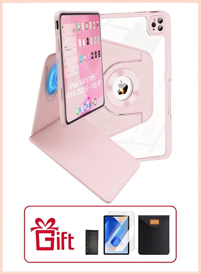 iPad 11th Generation Case (A16 2025) Case And iPad 10th 10.9 Inch Case, iPad Case 360 Degree Rotation With Pen Slot/Convenient Magnetic Attachment/Auto Sleep/Wake Slim Stand/Transparent Tpu Protective Case/AED 35 Gift Set Anti-Glare Protective Film/Felt Tablet Pouch - Pink - Image 1