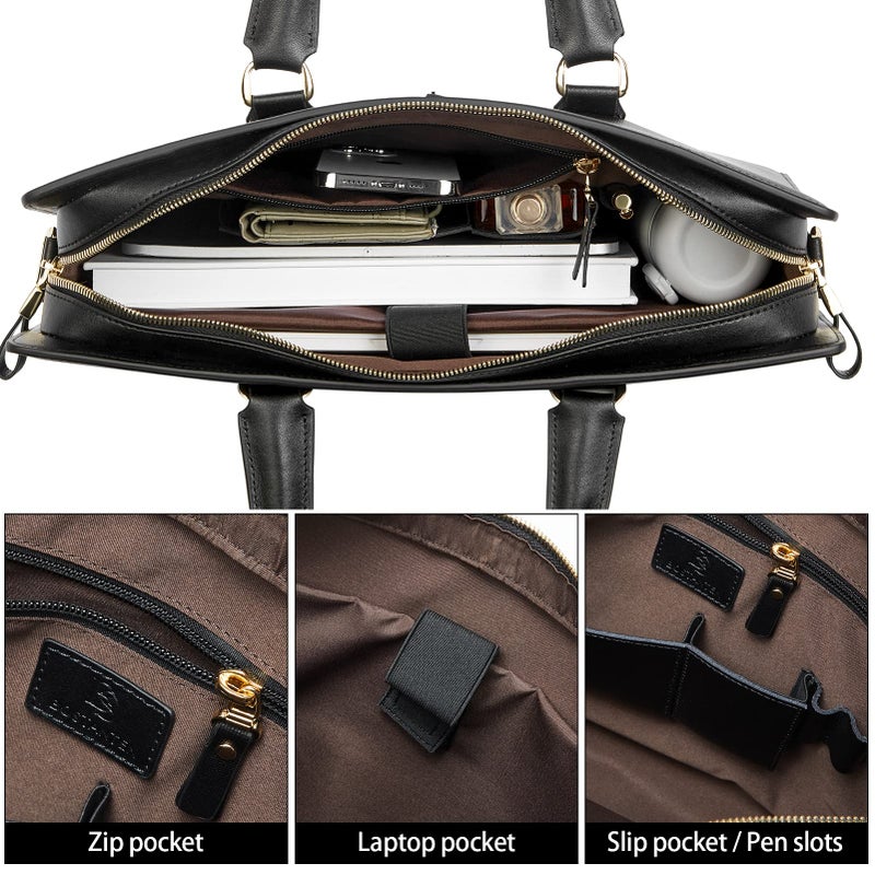 Bostanten BOSTANTEN Leather Lawyers Briefcase Shoulder Laptop Business Slim Bags for Men & Women Black  - Image 4