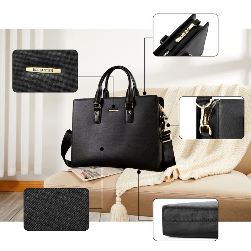 Bostanten BOSTANTEN Leather Lawyers Briefcase Shoulder Laptop Business Slim Bags for Men & Women Black  - Image 5