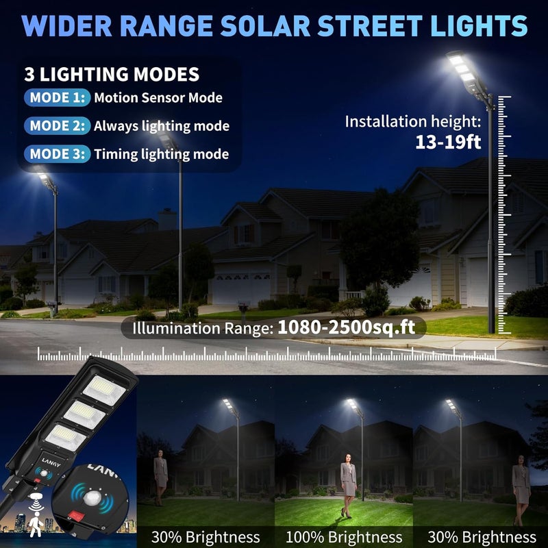 LANGY Solar Street Light Upgraded 150000 Lumens, 180 PCS LED Solar Powered Street Lamp Outdoor, 15000 mAh Battery, PIR Motion Sensor, 6000K, Dusk to Dawn Security Led Post Street Light - Image 2
