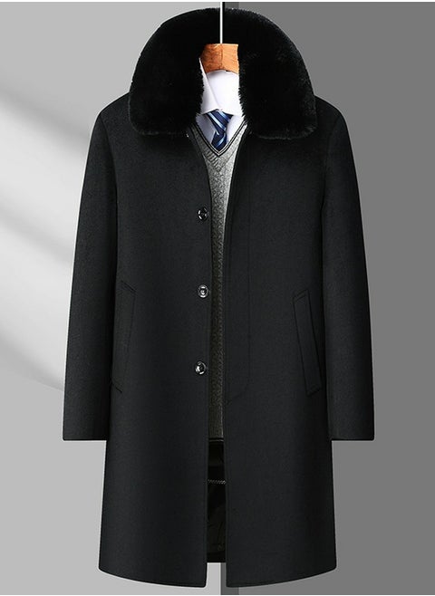 Men's Woolen Casual Coat Slim Fit Long Jacket Overcoat With Detachable Down Inner Linning And Fur Collar Black