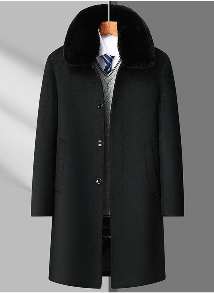 Loquat - Men's Woolen Casual Coat Slim Fit Long Jacket Overcoat With Detachable Down Inner Linning And Fur Collar Black - Image 1