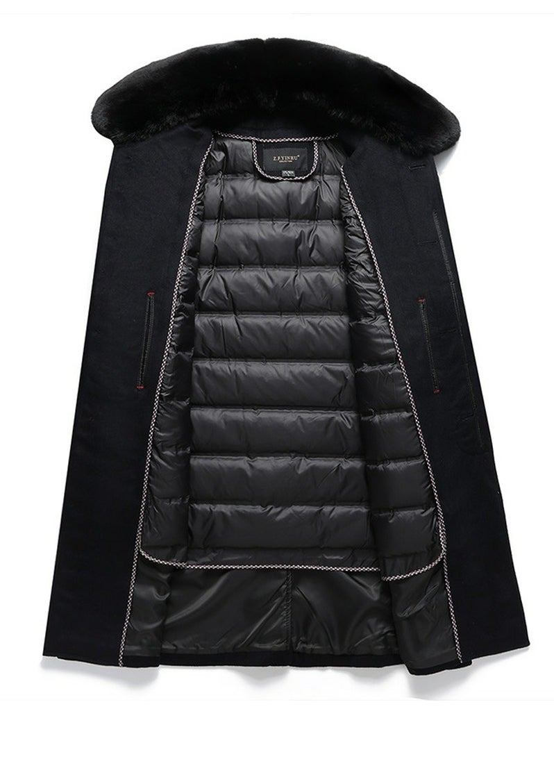 Loquat - Men's Woolen Casual Coat Slim Fit Long Jacket Overcoat With Detachable Down Inner Linning And Fur Collar Black - Image 1