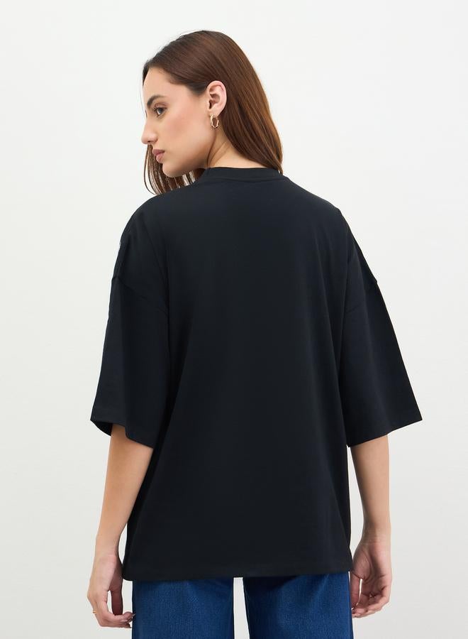 Styli Black Floral Embroidered Oversized T-Shirt - Image 5