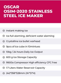 Oscar OSIM2020 Instant Ice Maker – Stainless Steel, 10KG Daily Capacity, 9 Crystalline Bullet Ice Cubes in 10 Minutes, Ice Full & Water Deficient Alarms, 600g Ice Storage, R600a Compressor, 1.7L Water Reservoir, Compact Design - pzsku/ZC4B944492F8C7AE6C255Z/45/_/1731190079/392e7695-984c-4325-ac26-106ff1e11375