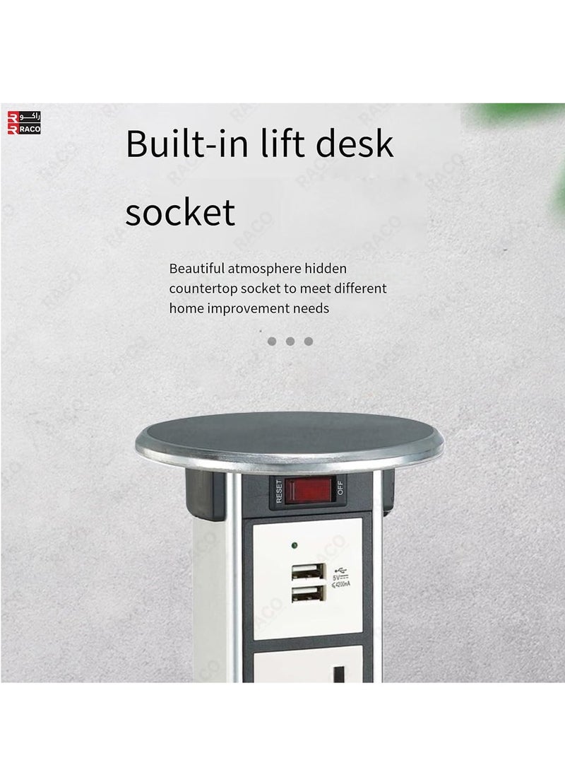 RACO Vertical Pop-Up Socket Box for Under Counter Use – 1 x 13A UK Socket + Dual USB Charger Ports, 2-Meter Wire with Overload Protection – Ideal for Home, Office, Kitchen & Worktops (1 x Socket)