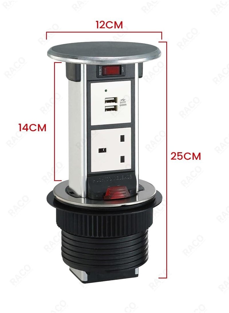 RACO Vertical Pop-Up Socket Box for Under Counter Use – 1 x 13A UK Socket + Dual USB Charger Ports, 2-Meter Wire with Overload Protection – Ideal for Home, Office, Kitchen & Worktops (1 x Socket)