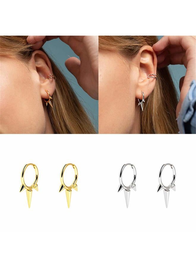 Dtja Fashion Spike Sterling Silver Hoop Earrings for Women Girls Men Hypoallergenic Minimalist Huggie Small Sleeper Hoops Cartilage Cuff Helix Stud Wrap Personalized Punk Jewelry (Silver) - Image 3