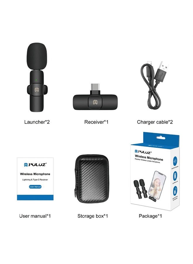 PULUZ Wireless Lavalier Noise Reduction Reverb Microphones for Type-C Phone, Type-C Receiver and Dual Microphones (Black)
